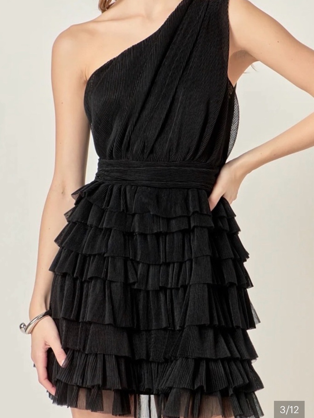 Endless Rose One Shoulder Tiered Tulle Black Mini Dress, Size Small.